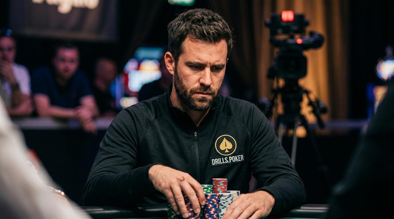 A player deep in a major tournament final table wearing the drills.poker patch