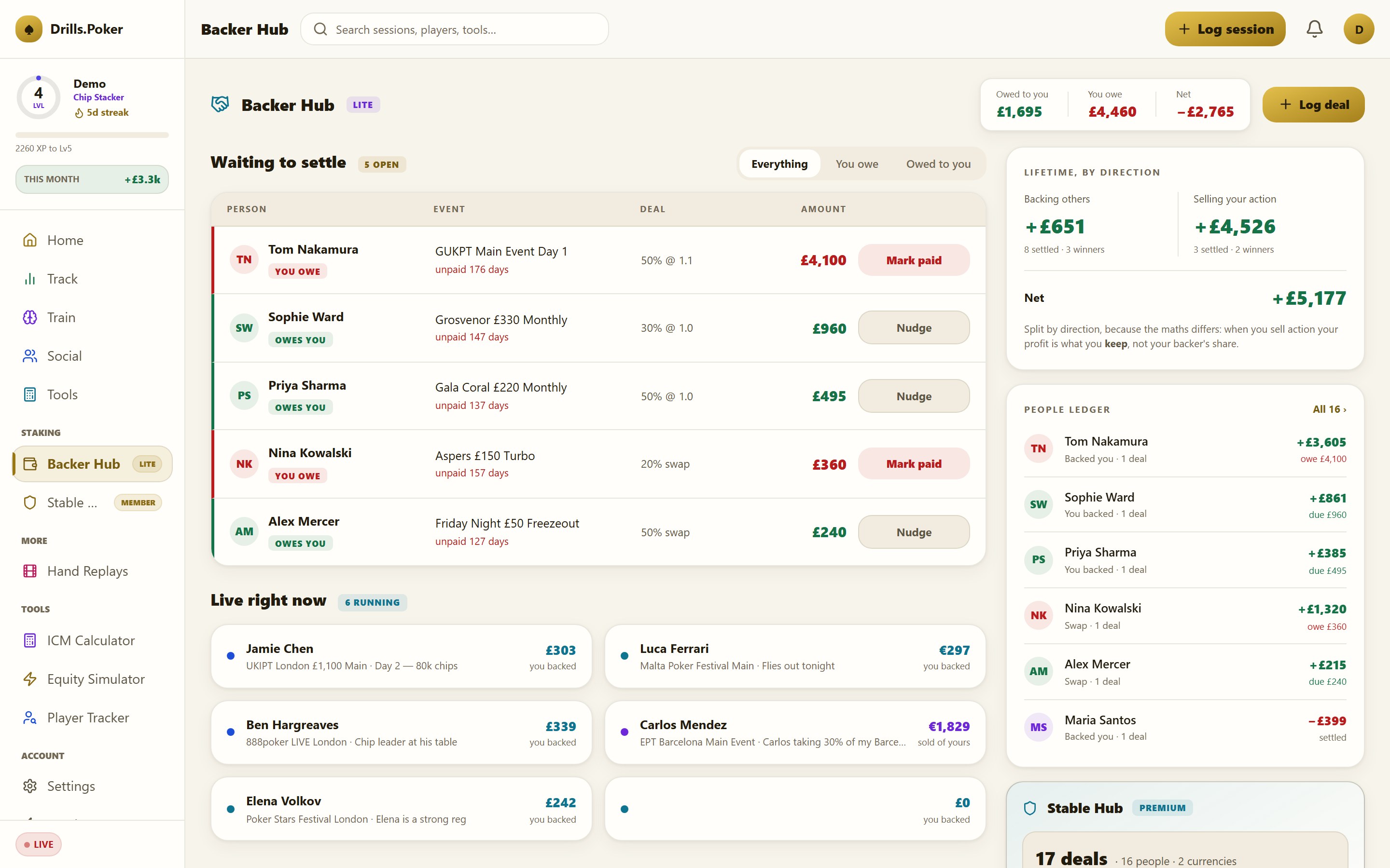 The Backer Hub: the settle queue with age on every row, live deals and the lifetime rail