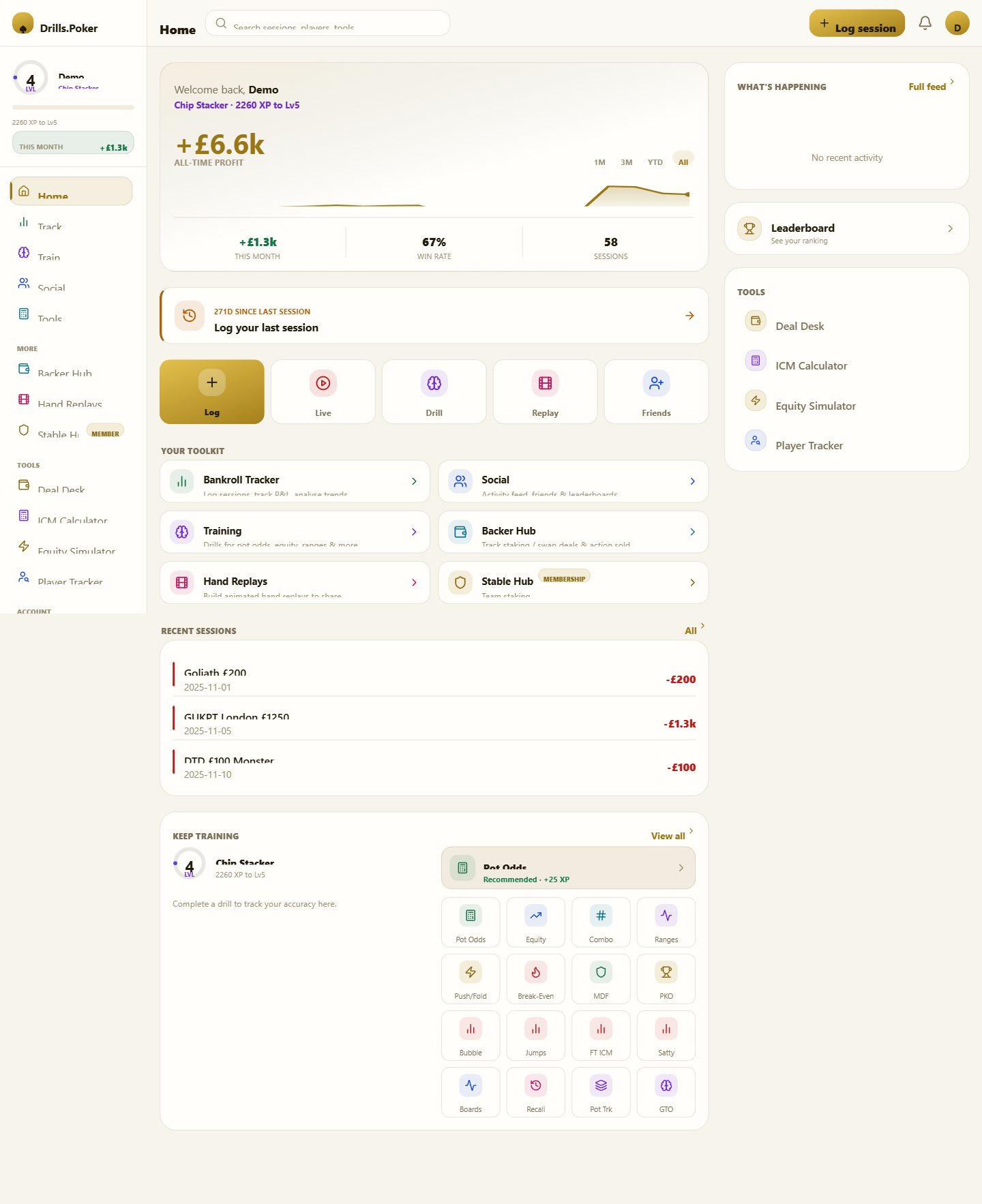 The drills.poker home dashboard