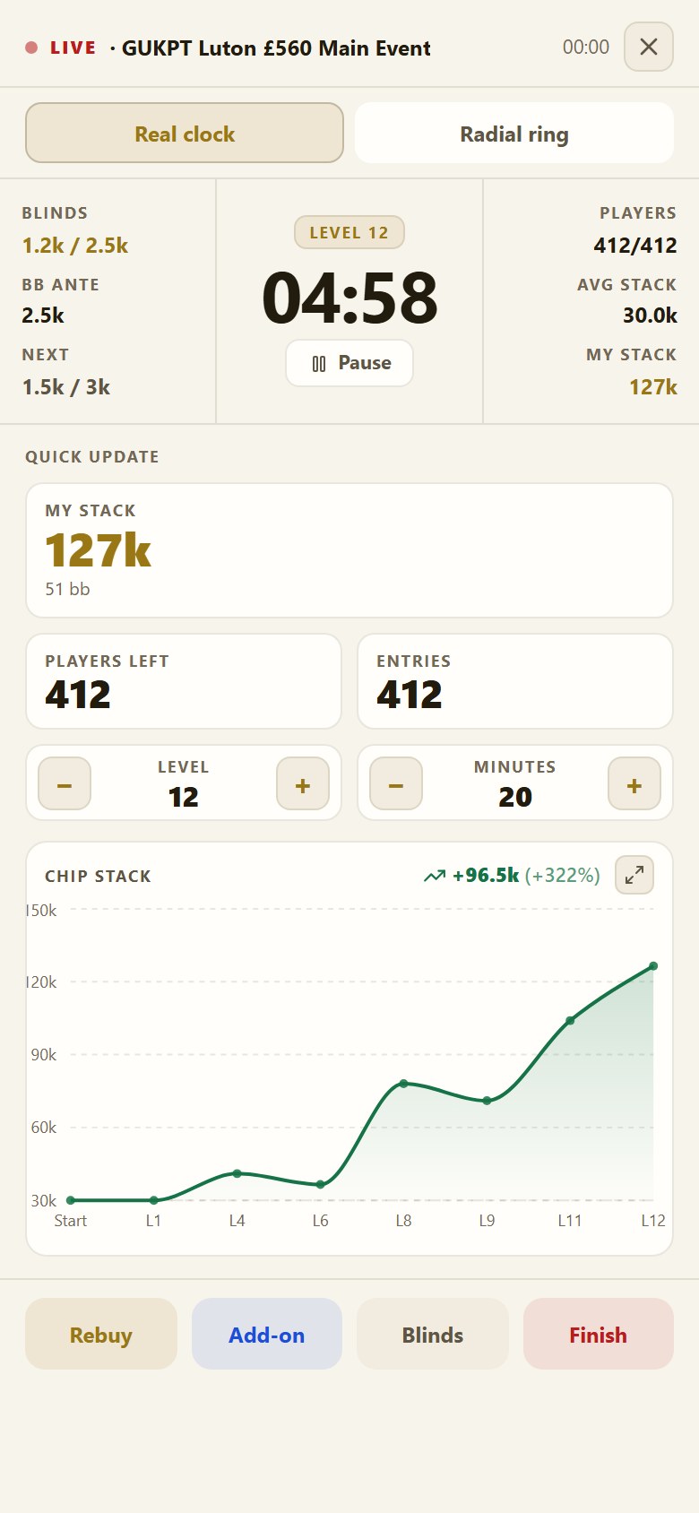 A live session on a phone: level timer, stack chart and staking, in your pocket
