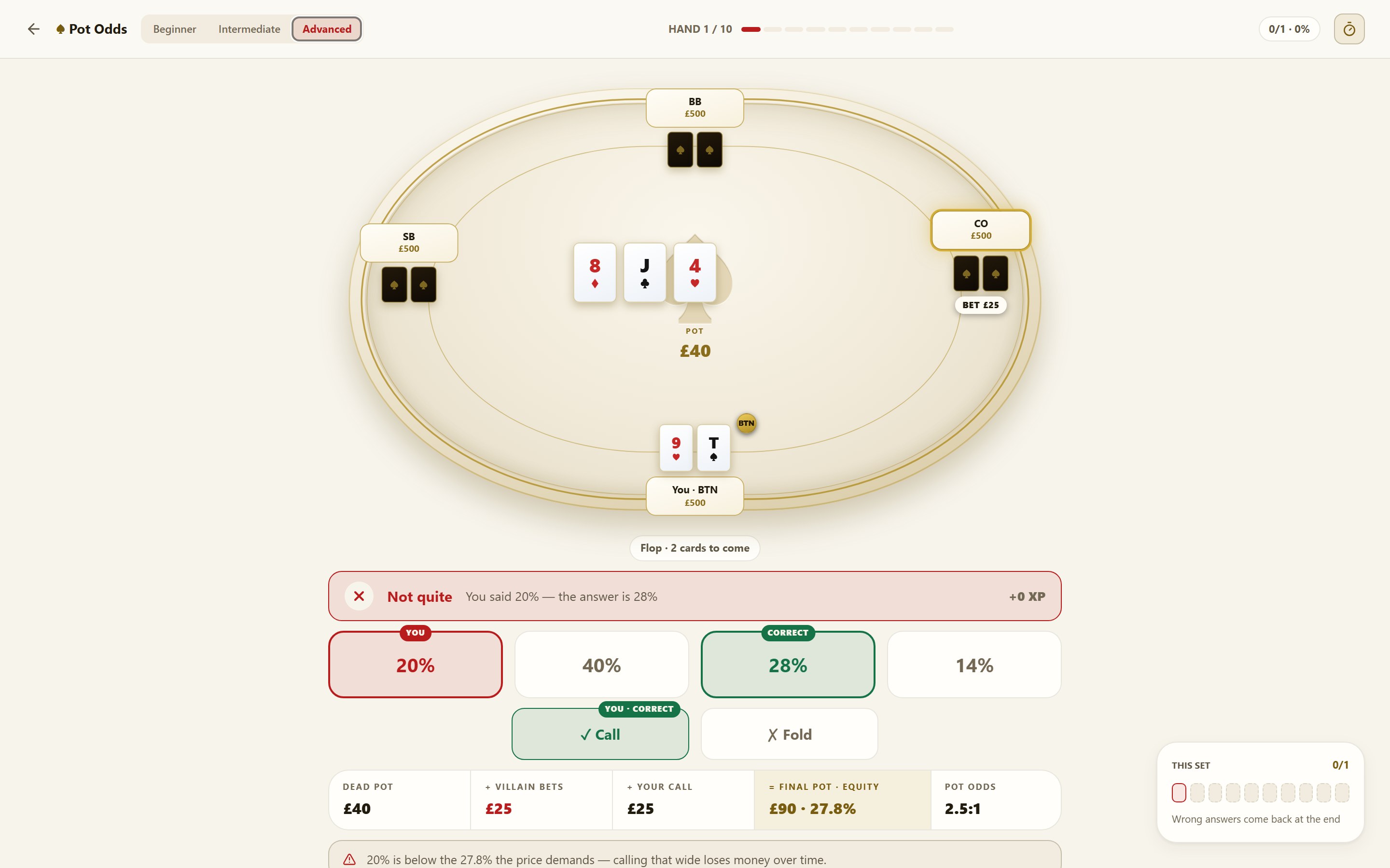 Right or wrong, the full arithmetic is laid out. Wrong answers come back at the end of the set.
