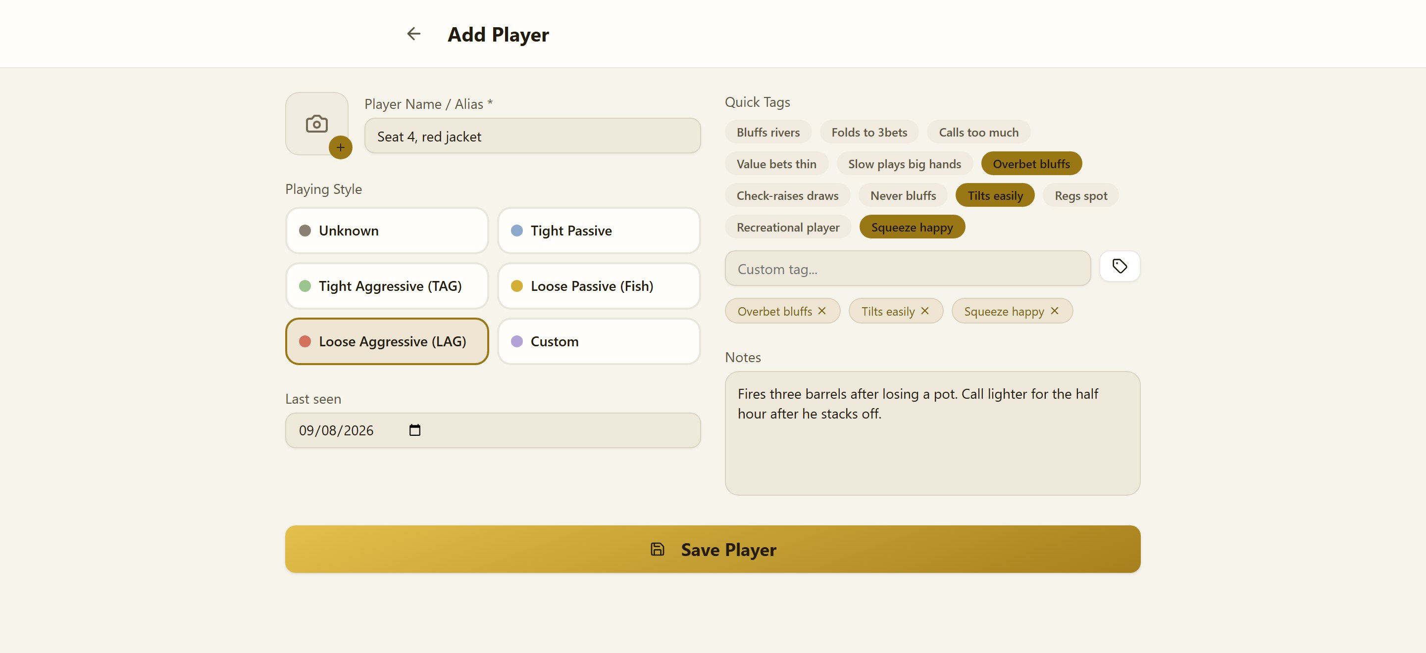 Adding a player: six playing styles, twelve quick tags, a custom tag field, last seen and free-text notes