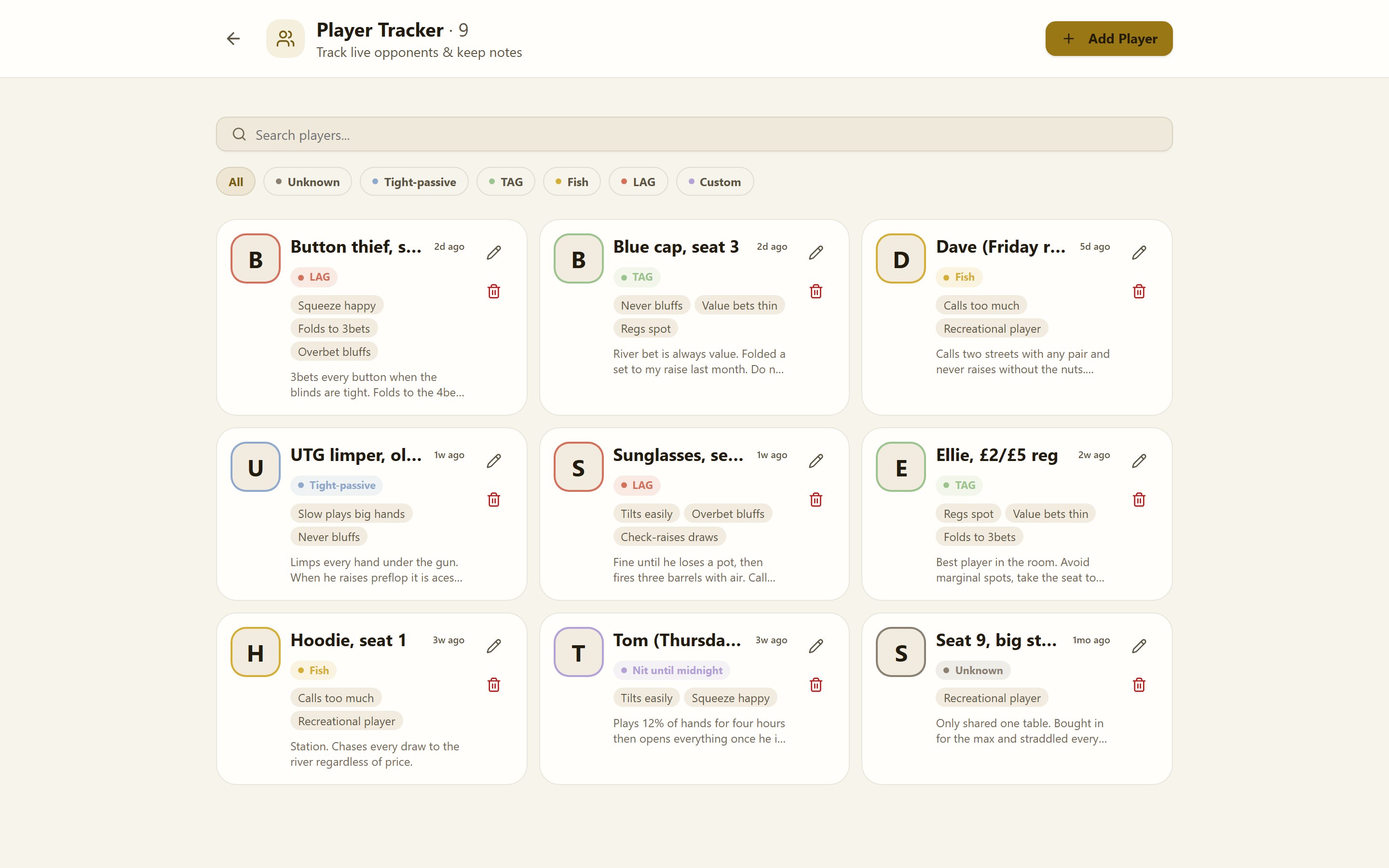 The player tracker: regulars with styles, tags, notes and last seen