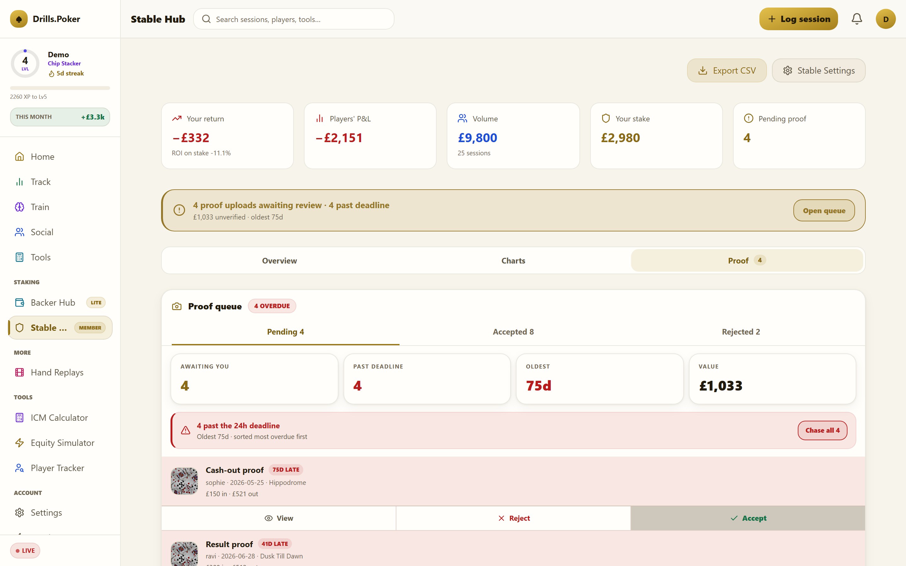 The proof queue: buy-in and cash-out photos awaiting review
