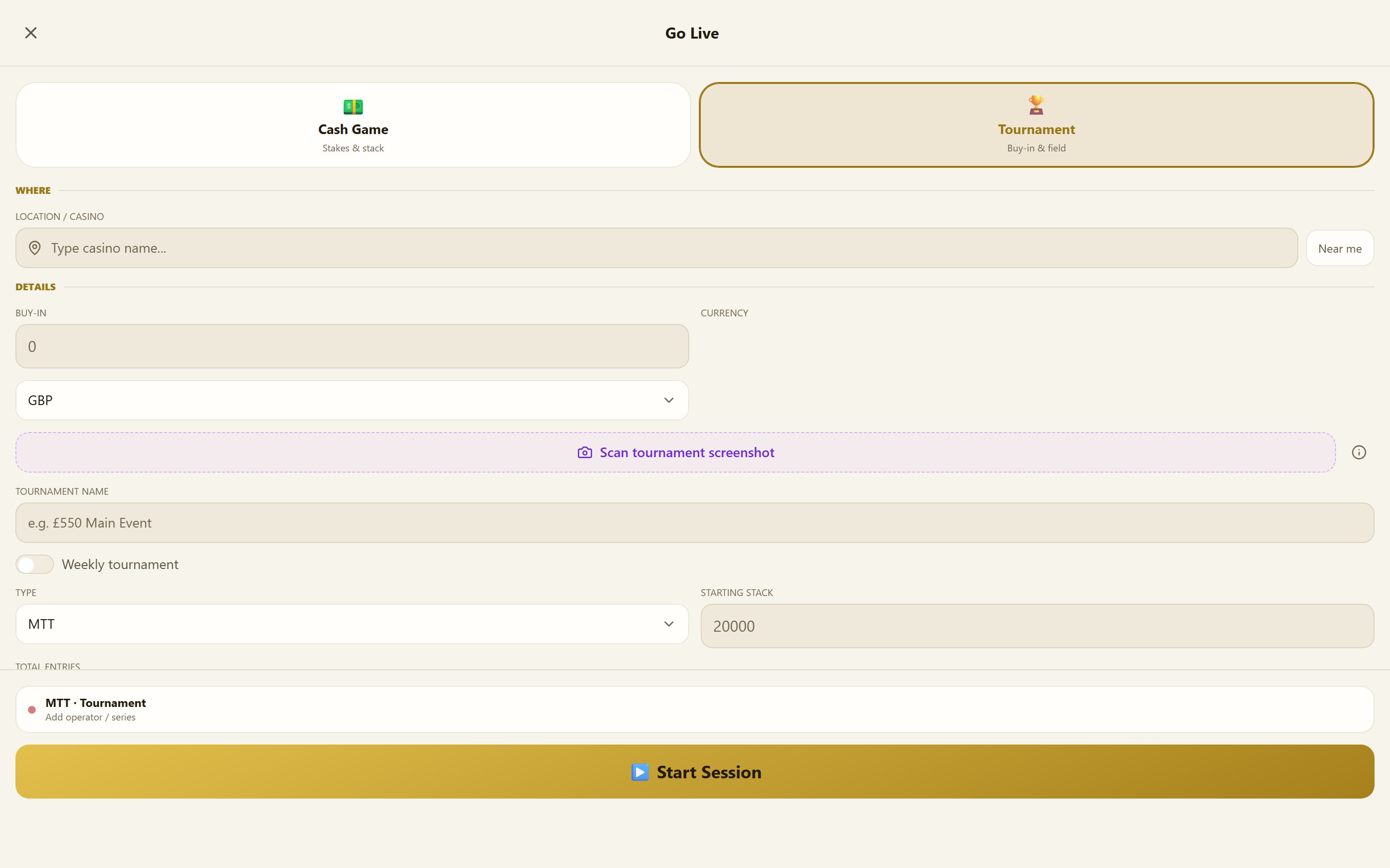 Starting a tournament session in the app, with the Scan tournament screenshot button in the details panel